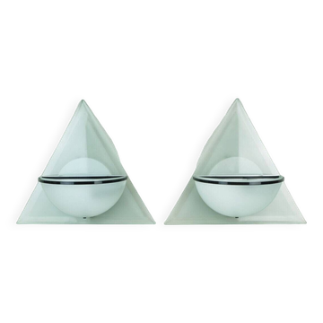 Pair of italian 1980s sconces wall lamps lamperti model illo etched glass and metal