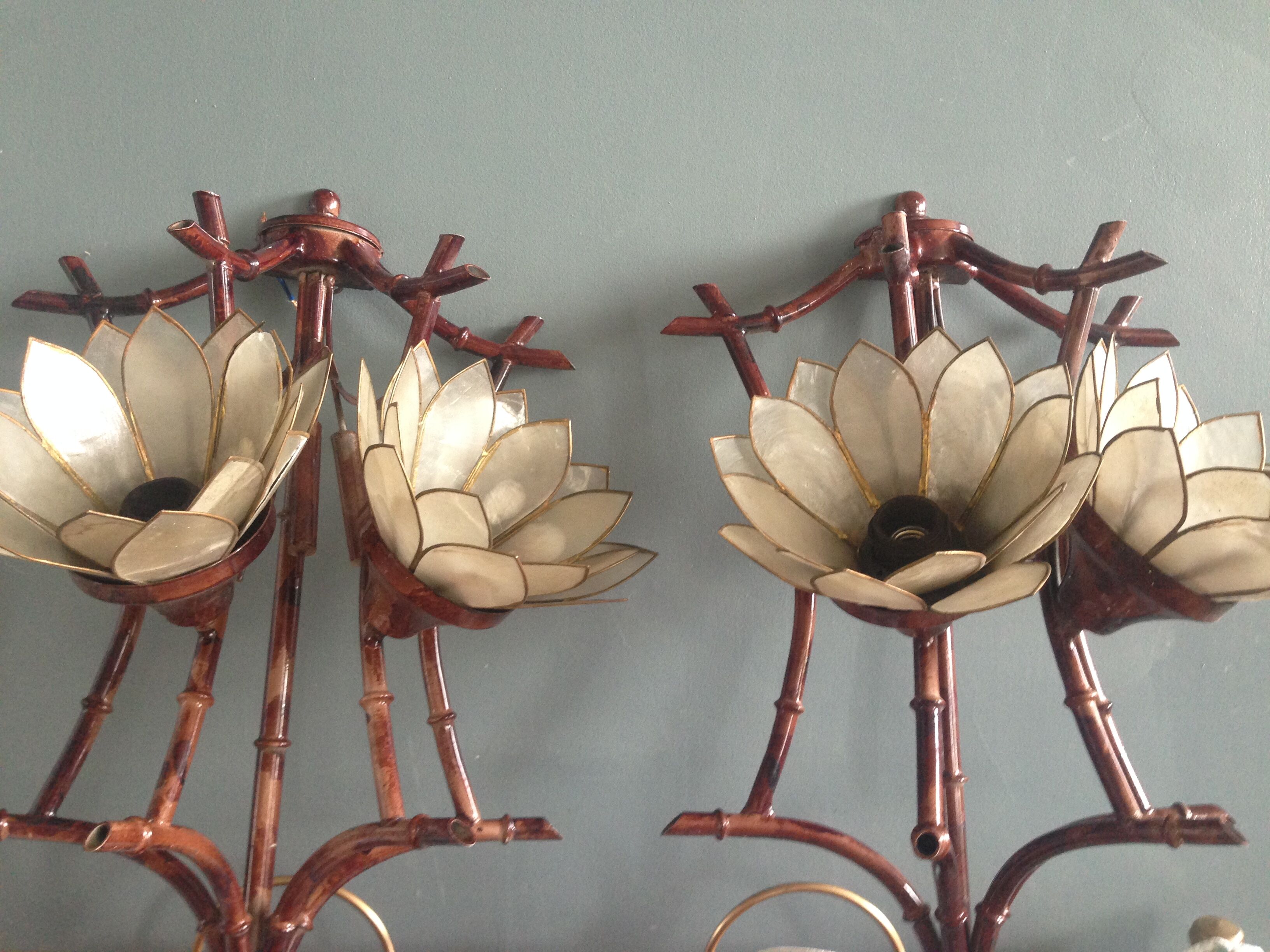 Pair of vintage appliques in metal and mother-of-Pearl