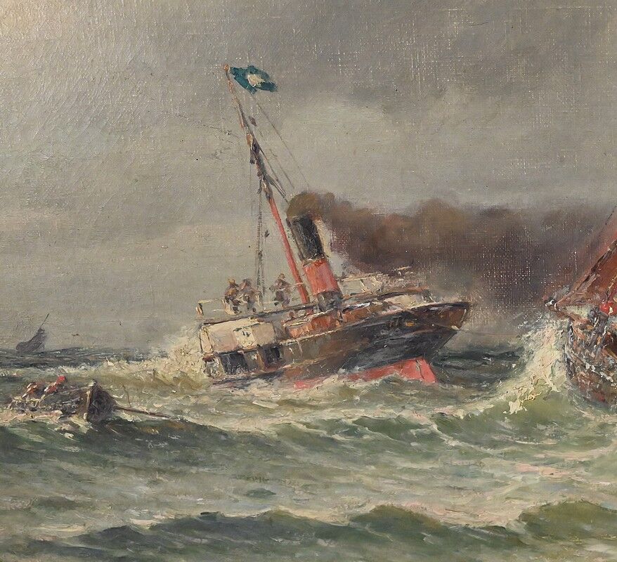 Painting "Entry to the Port in Rough Seas", oil on canvas, signed C. Demont – early 20th century