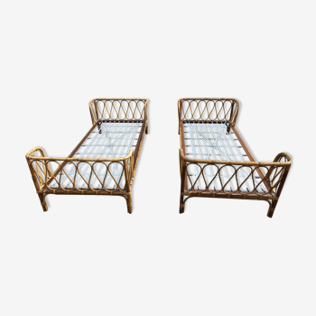 Rare pair of vintage rattan beds
