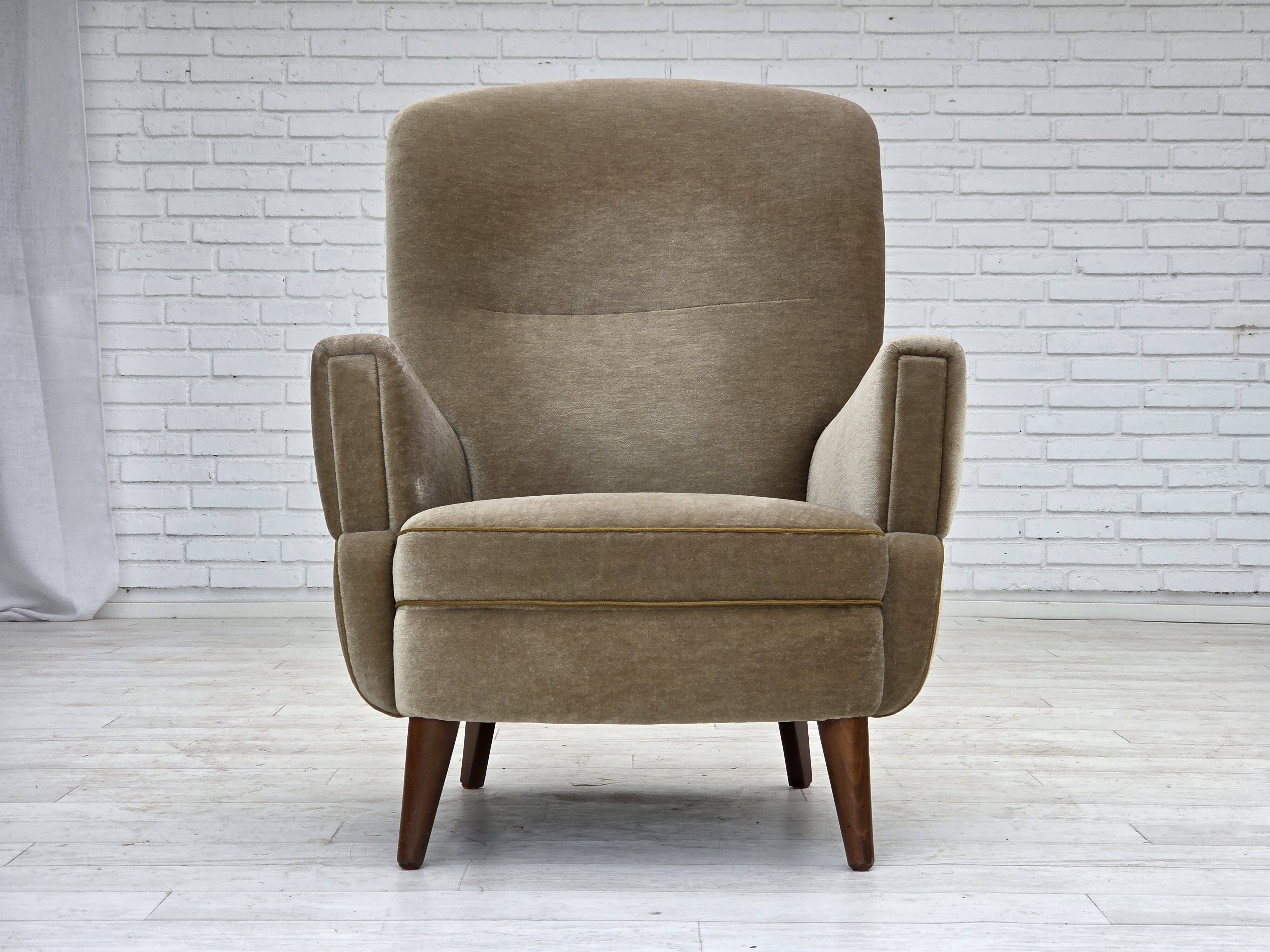 1970s, Danish armchair, green furniture velour, beech wood legs.