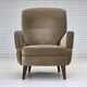 1970s, Danish armchair, green furniture velour, beech wood legs.