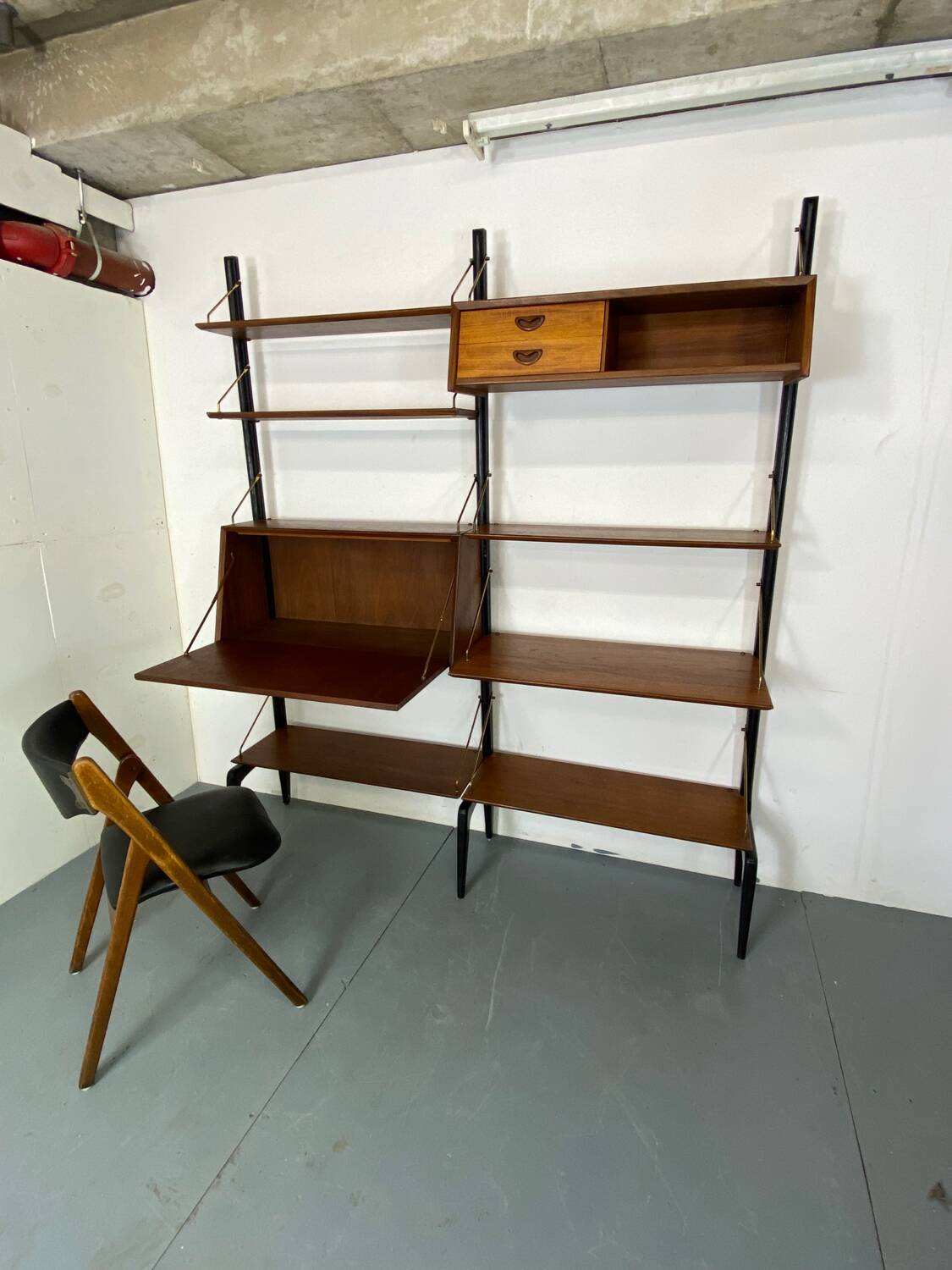 Mid-Century Danish Style Teak and Brass Wall System Unit by Louis Van Teeffelen for Wébé, 1950s