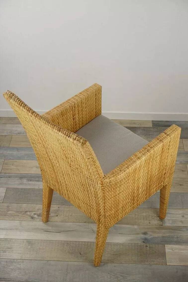 Bridge-style armchair in wood and woven rattan