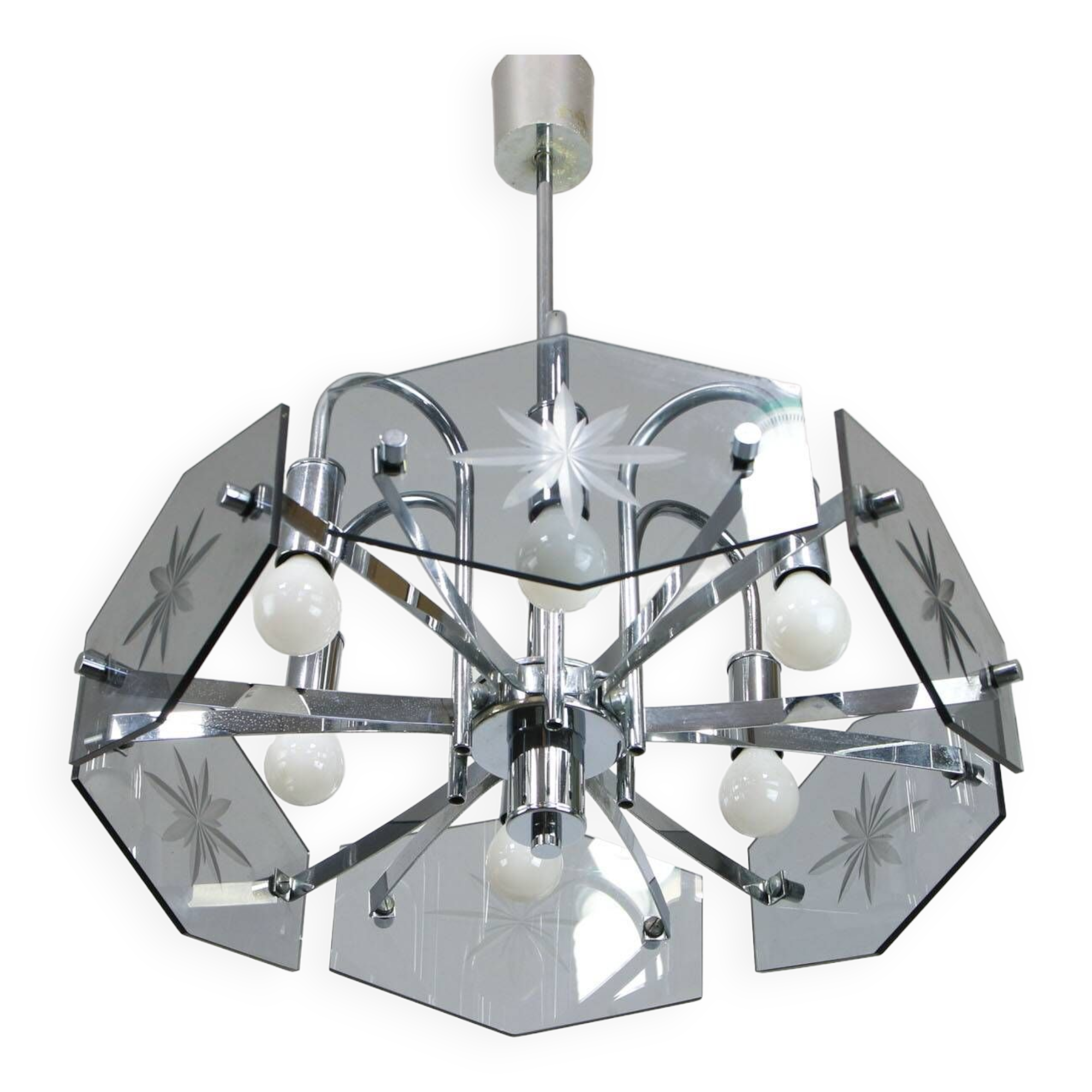 Vintage Italian Chrome and Glass Chandelier, 70s