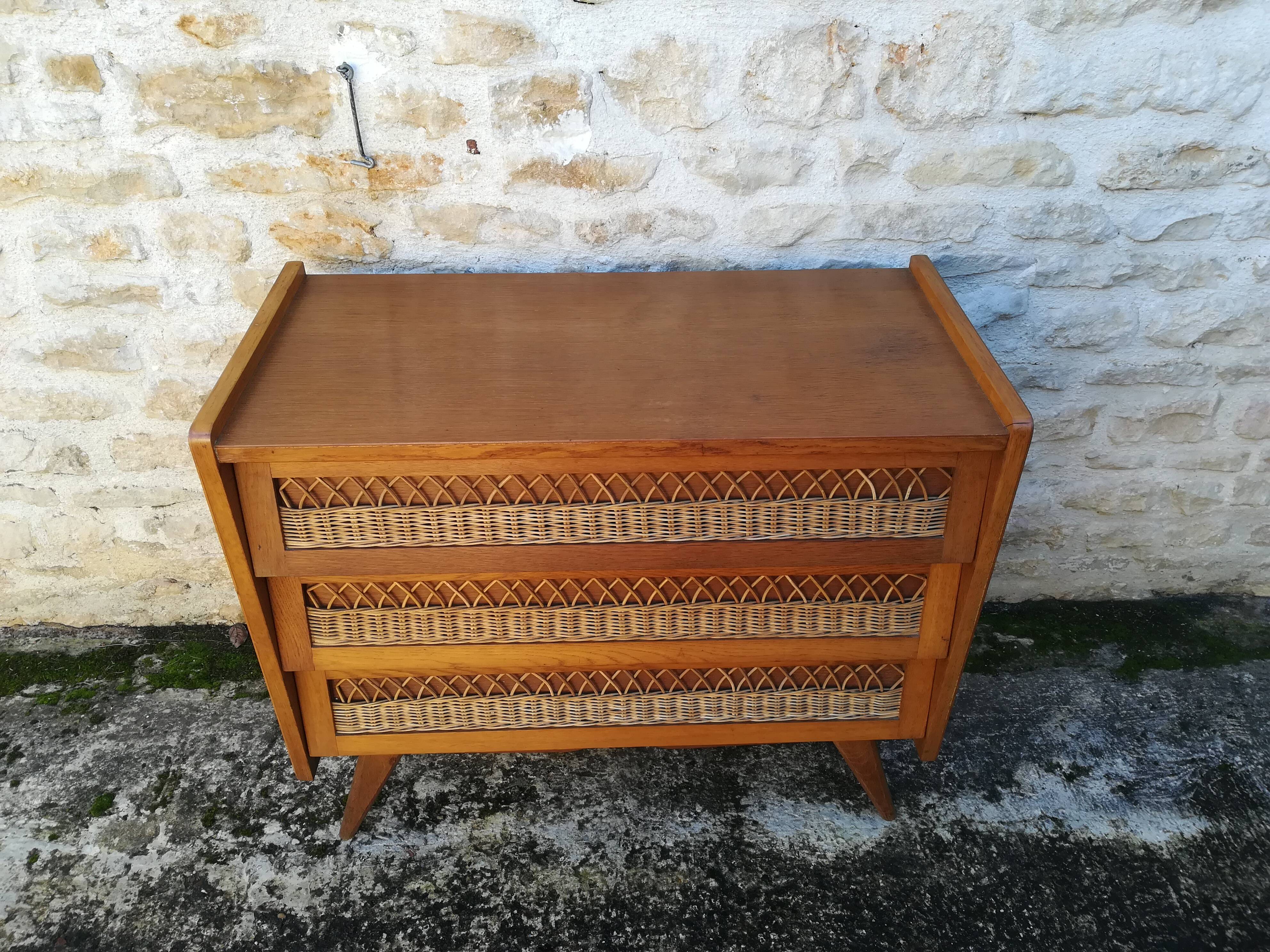 Vintage rattan and oak chest of drawers