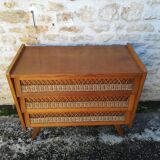 Vintage rattan and oak chest of drawers