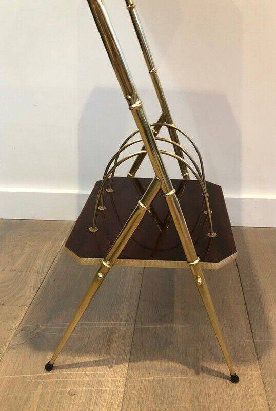 Mahogany and gold metal stool in faux-bamboo style.