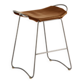 Contemporary Counter Bar Stool Silver Metal & Natural Tobacco Leather