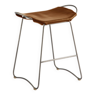 Contemporary Counter Bar Stool Silver Metal & Natural Tobacco Leather