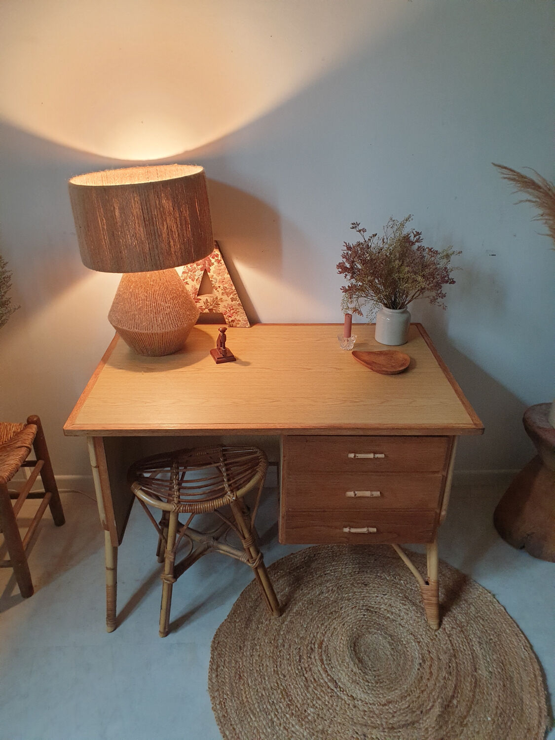60's double-sided rattan desk