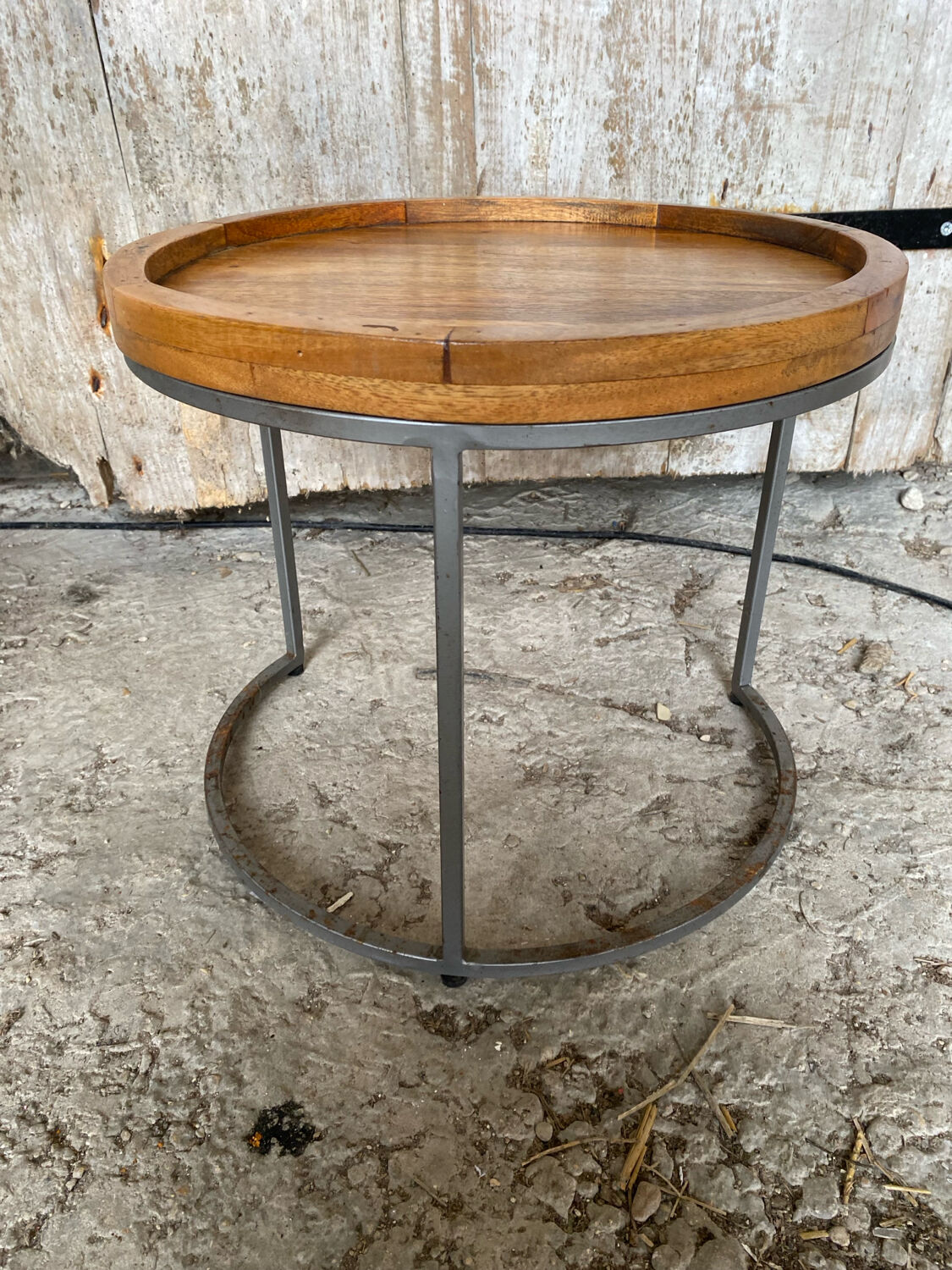 Nightstand Round Design Metal Grey + Wooden Top #D