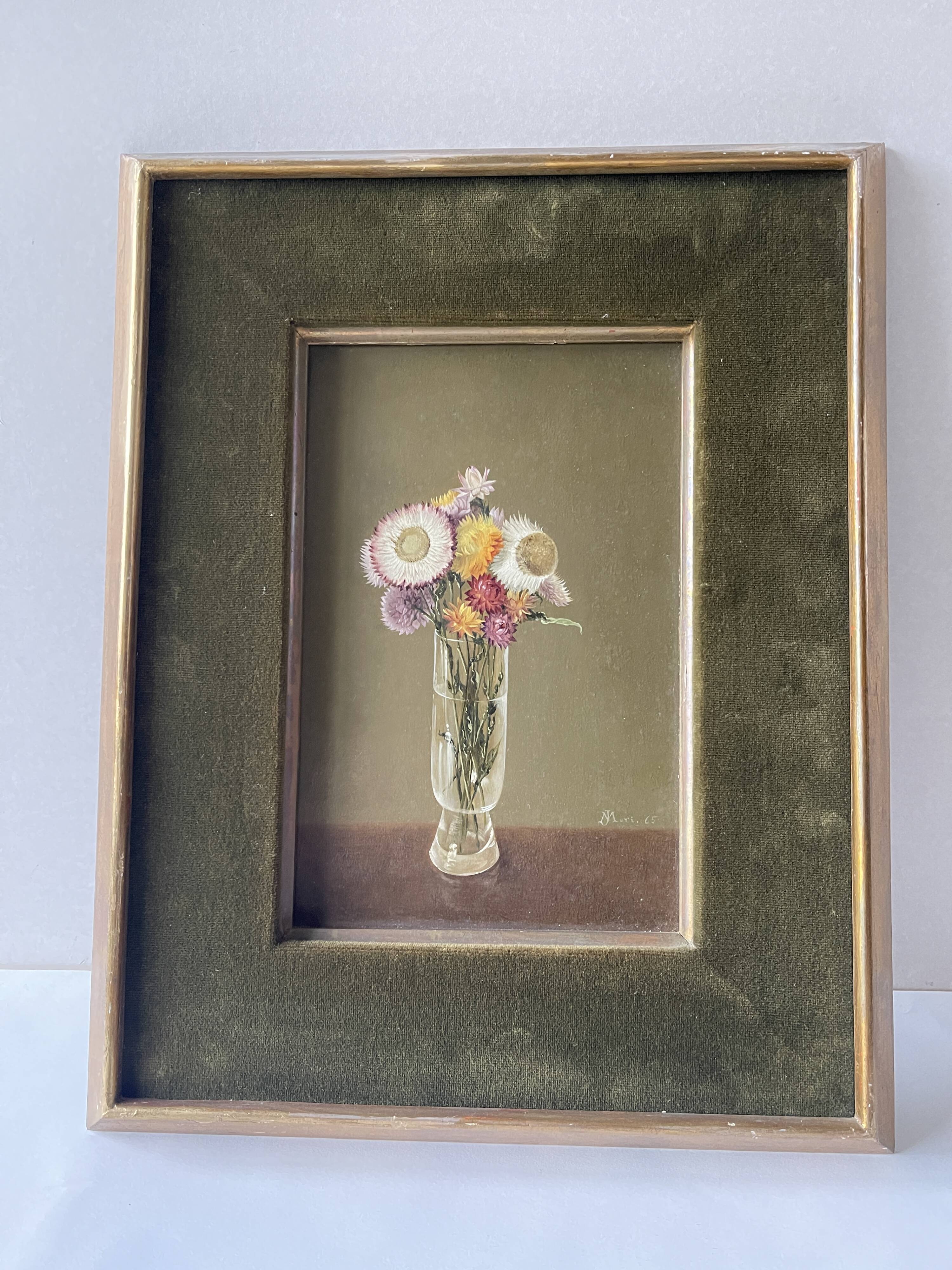 Still life oil on panel vase with immortelles