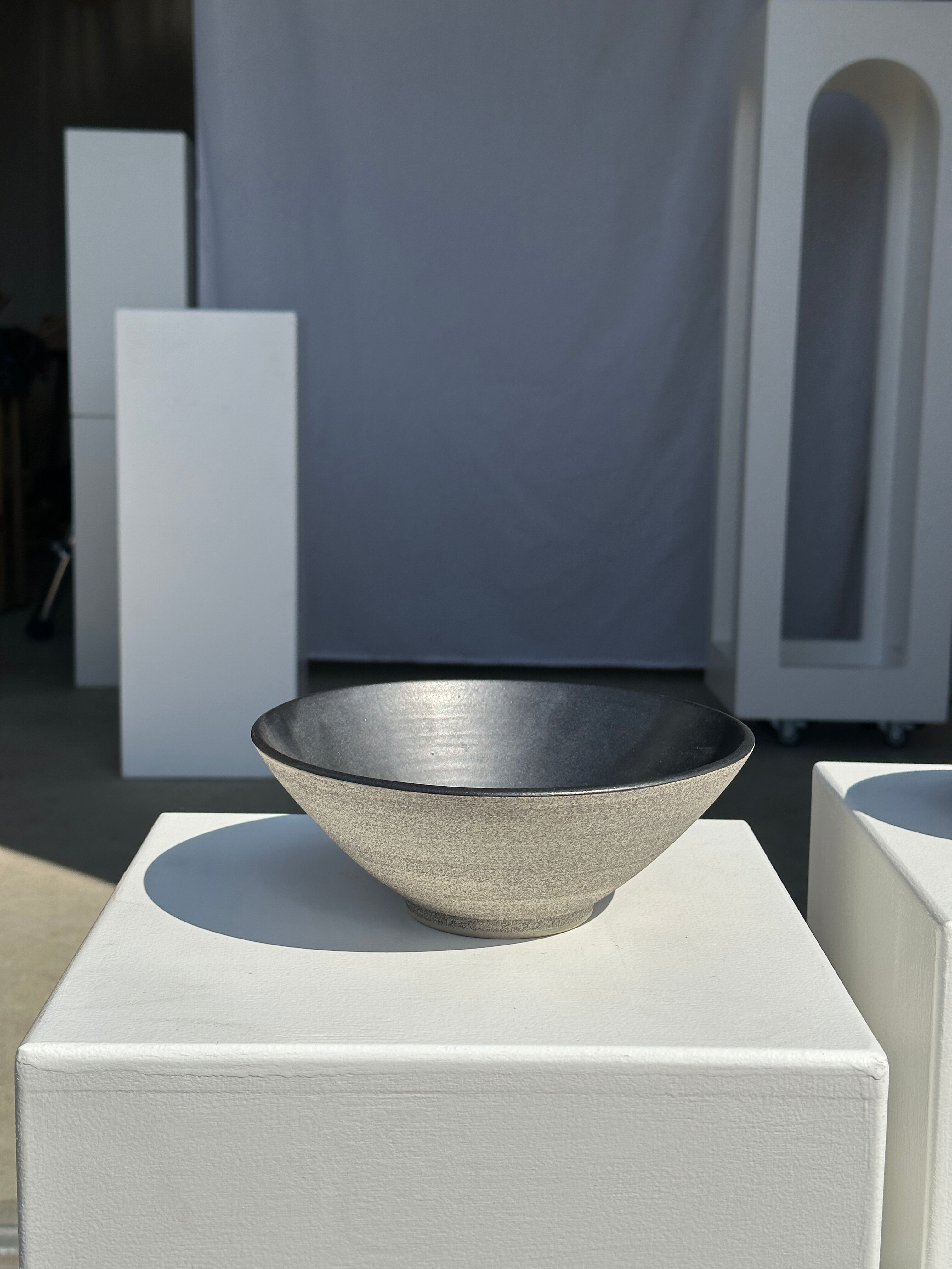 Duo of gray Indonesian ceramic bowls or salad bowls