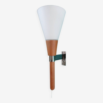 Wall lamp in torch, teak and opaline. Sweden 1960