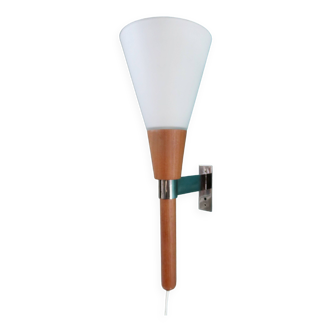 Wall lamp in torch, teak and opaline. Sweden 1960