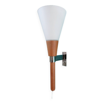 Wall lamp in torch, teak and opaline. Sweden 1960