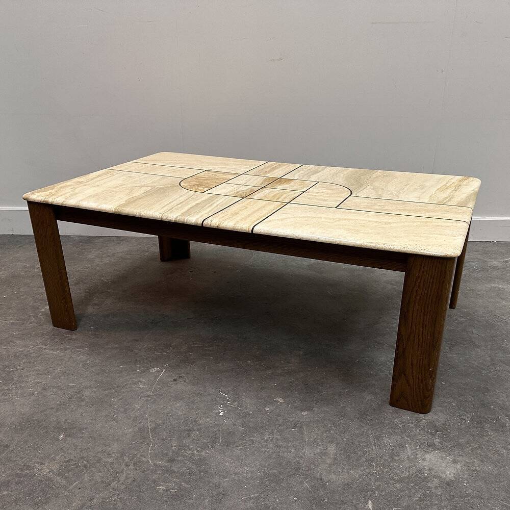 1970s travertine coffee table with sculptural top and solid oak base