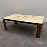 1970s travertine coffee table with sculptural top and solid oak base