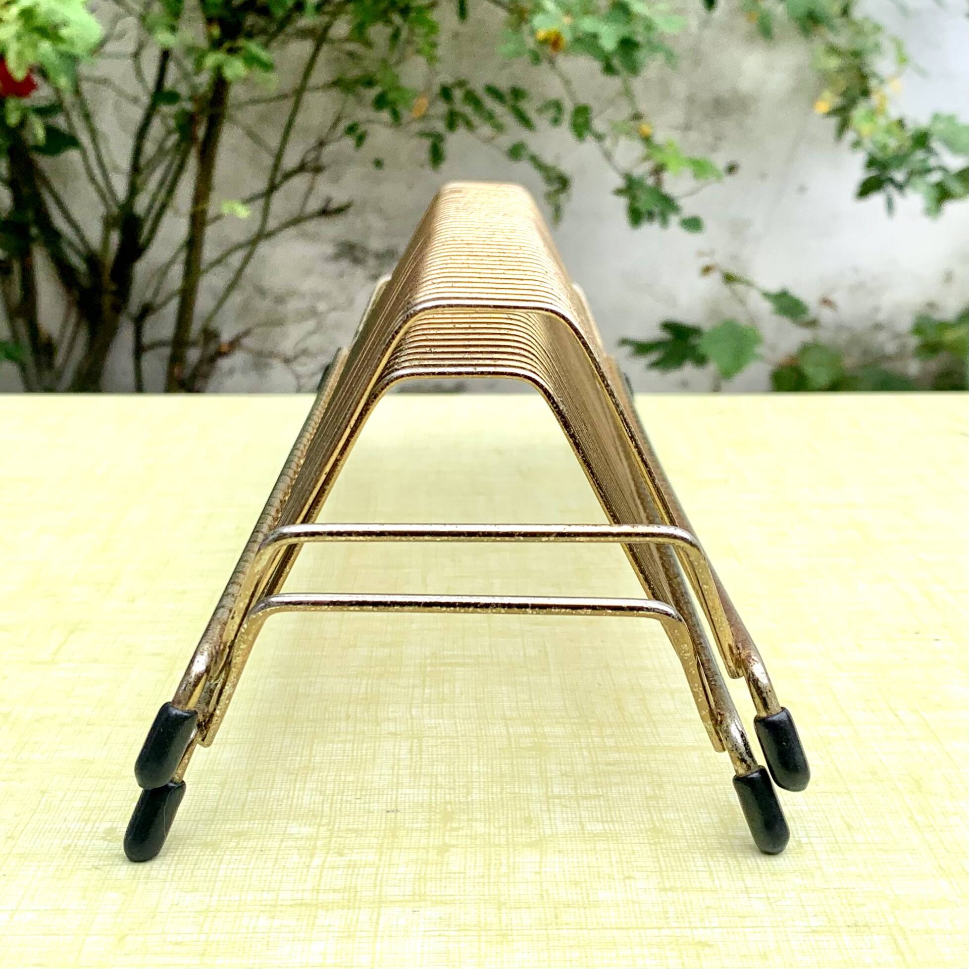 Pair of vintage record holders in gilded brass - for 80 vinyls