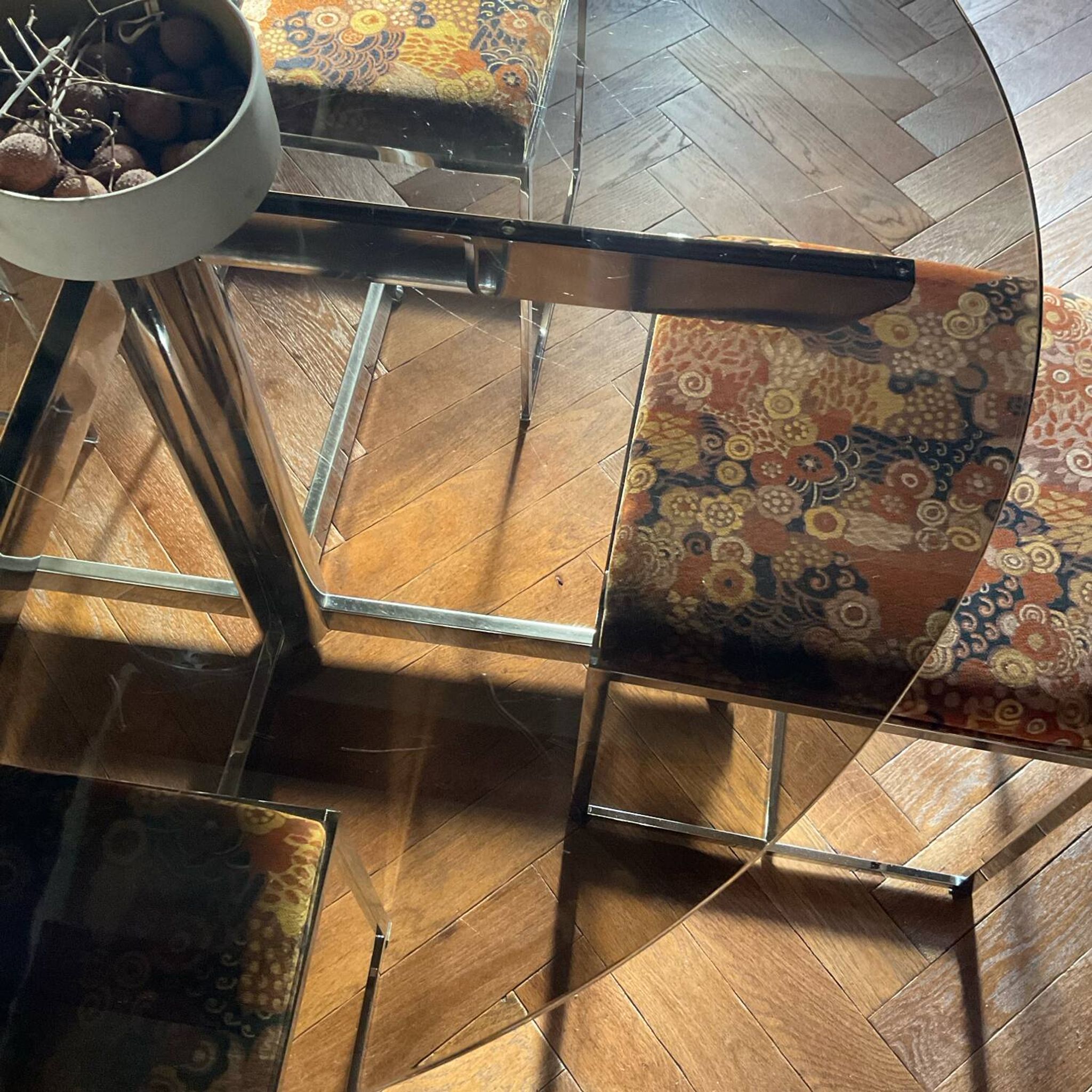 Florence Knoll table Roche Bobois 70s smoked glass chrome vintage design