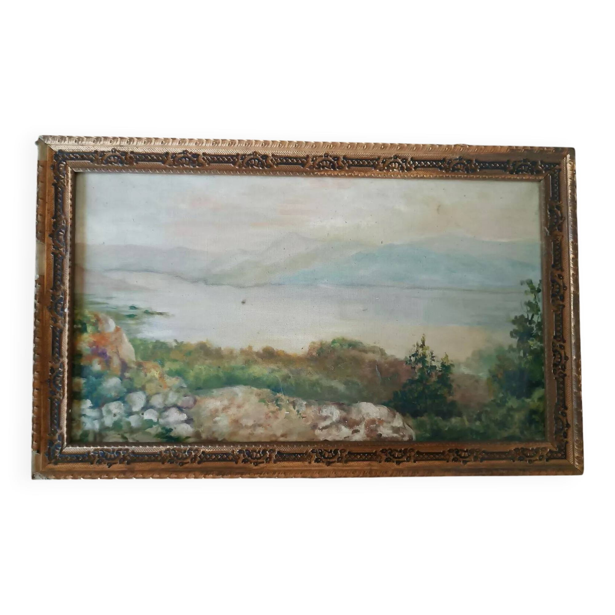 peinture à l'huile antique sur toile paysage lac de montagne début des années