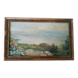 peinture à l'huile antique sur toile paysage lac de montagne début des années
