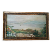 peinture à l'huile antique sur toile paysage lac de montagne début des années