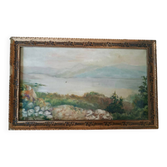 peinture à l'huile antique sur toile paysage lac de montagne début des anné