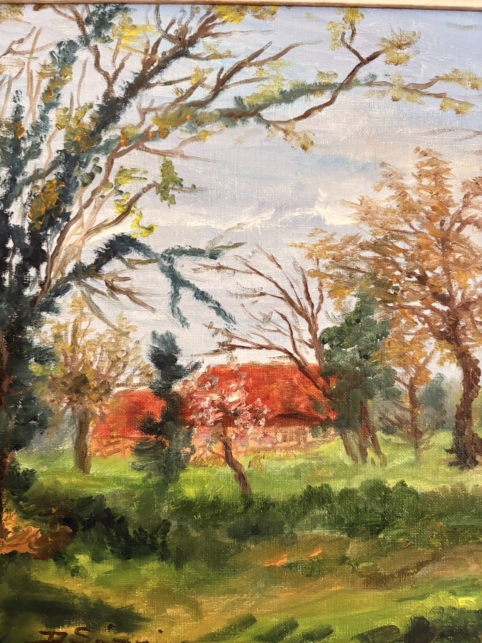 Old painting Oil on canvas Countryside Landscape House Garden Tree N