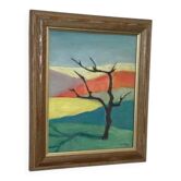 Huile su panneau suédoise "Arbre" par Martina Möller Vintage et encadrée 38×32cm