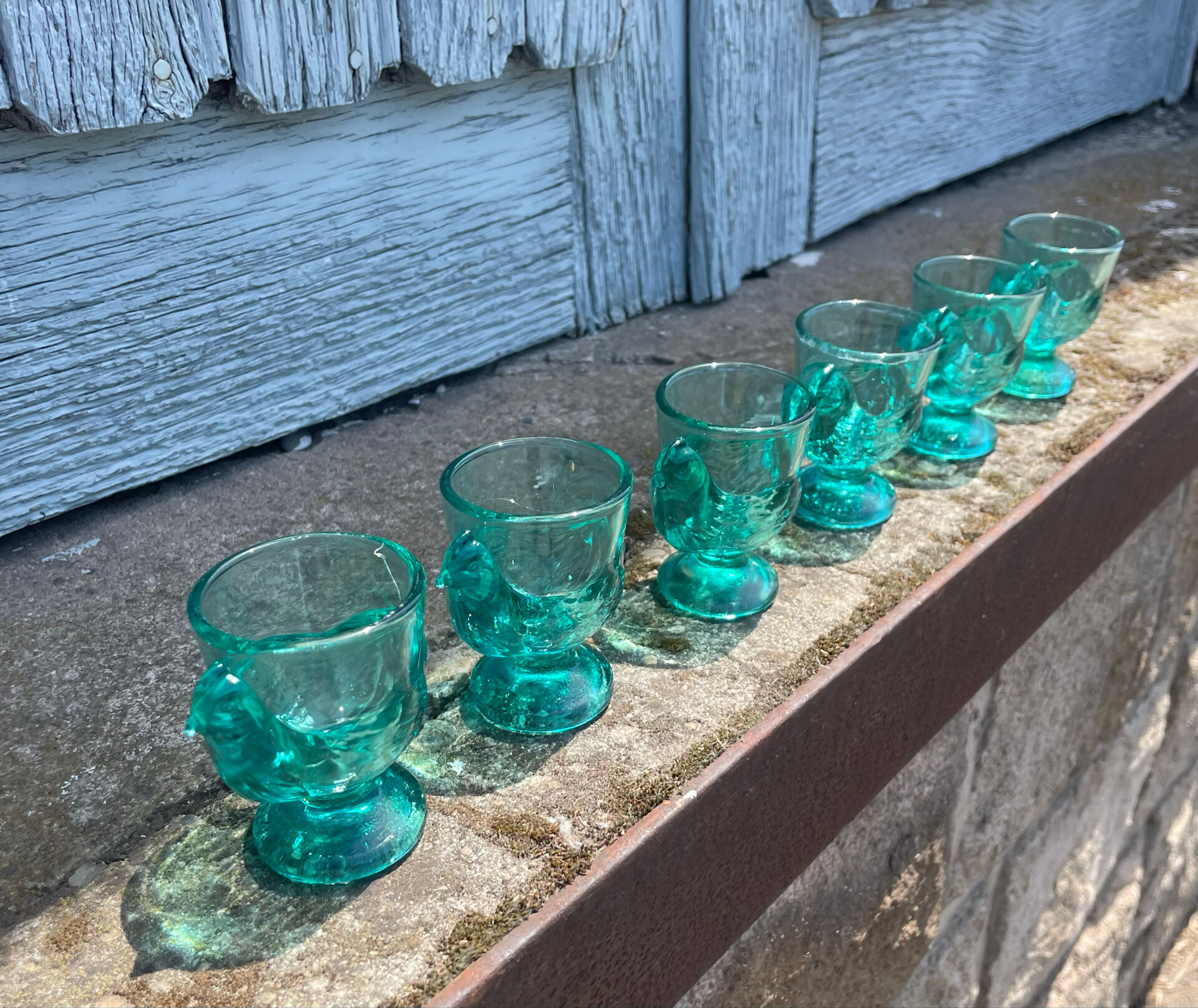 6 vintage turquoise chicken egg cups