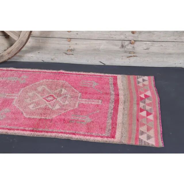 Vintage Turkish Oushak Handmade Wool Cotton Pink Runner Rug 86x306