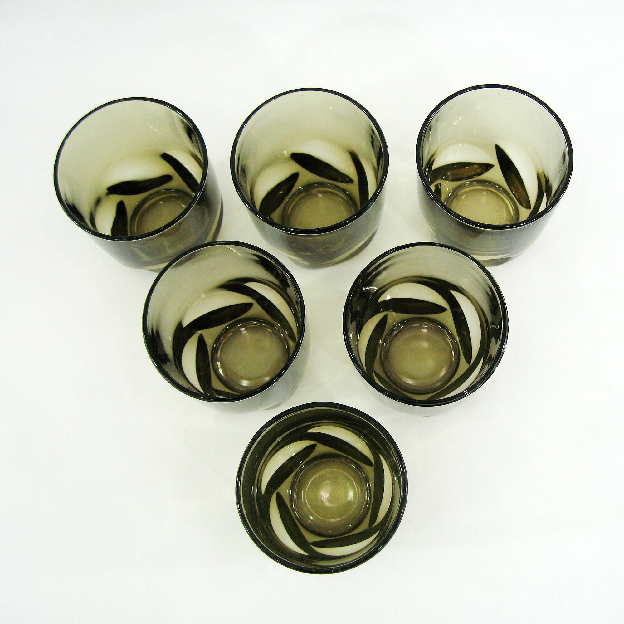 6 smoked twisted glass goblets - Luminarc Arcoroc France - vintage 70s