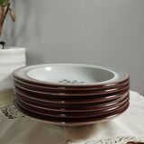 Soup plates, beige stoneware with gray/blue flower by MBFA Pornic model Fanchon, set of 6