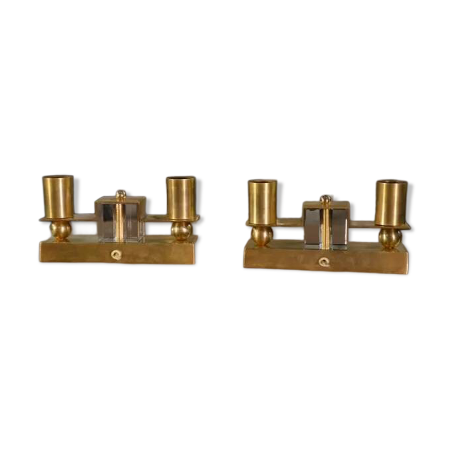 Pair of brass and Bohemian crystal wall lights in the style of Jean Royère, 1940s