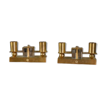 Pair of brass and Bohemian crystal wall lights in the style of Jean Royère, 1940s