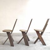 Set of 3 chairs brutalist tripod solid wood