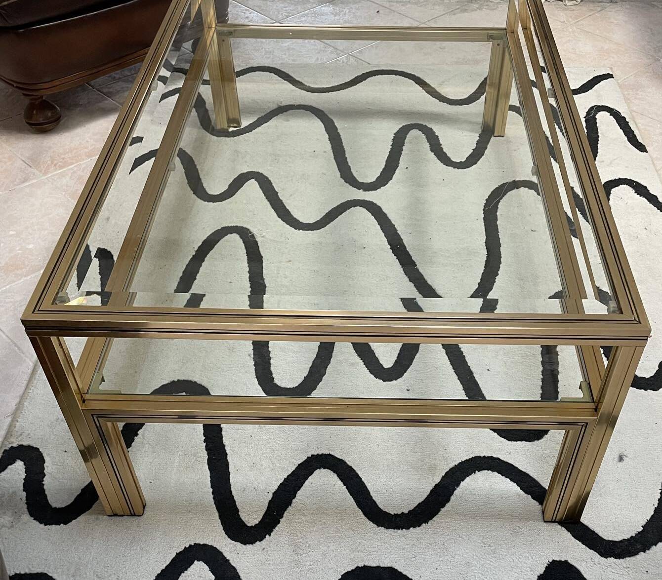 Vintage Pierre Vandel Paris Coffee Table Gold Aluminum and Glass with Two Trays 70'
