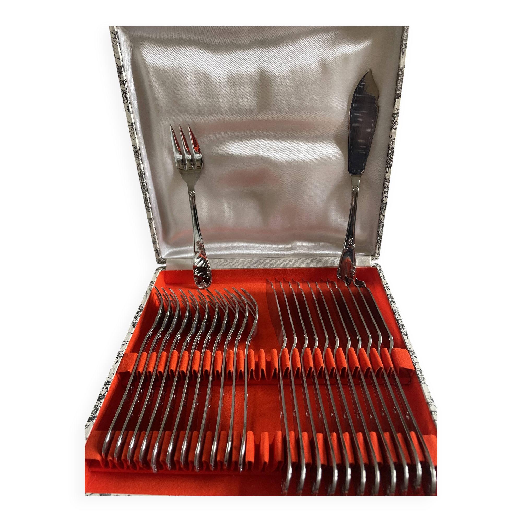 Vintage toile de Jouy cutlery set for 12 fish forks, stainless steel 18/10, like new.