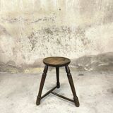 Tabouret vintage tripode brutaliste en bois