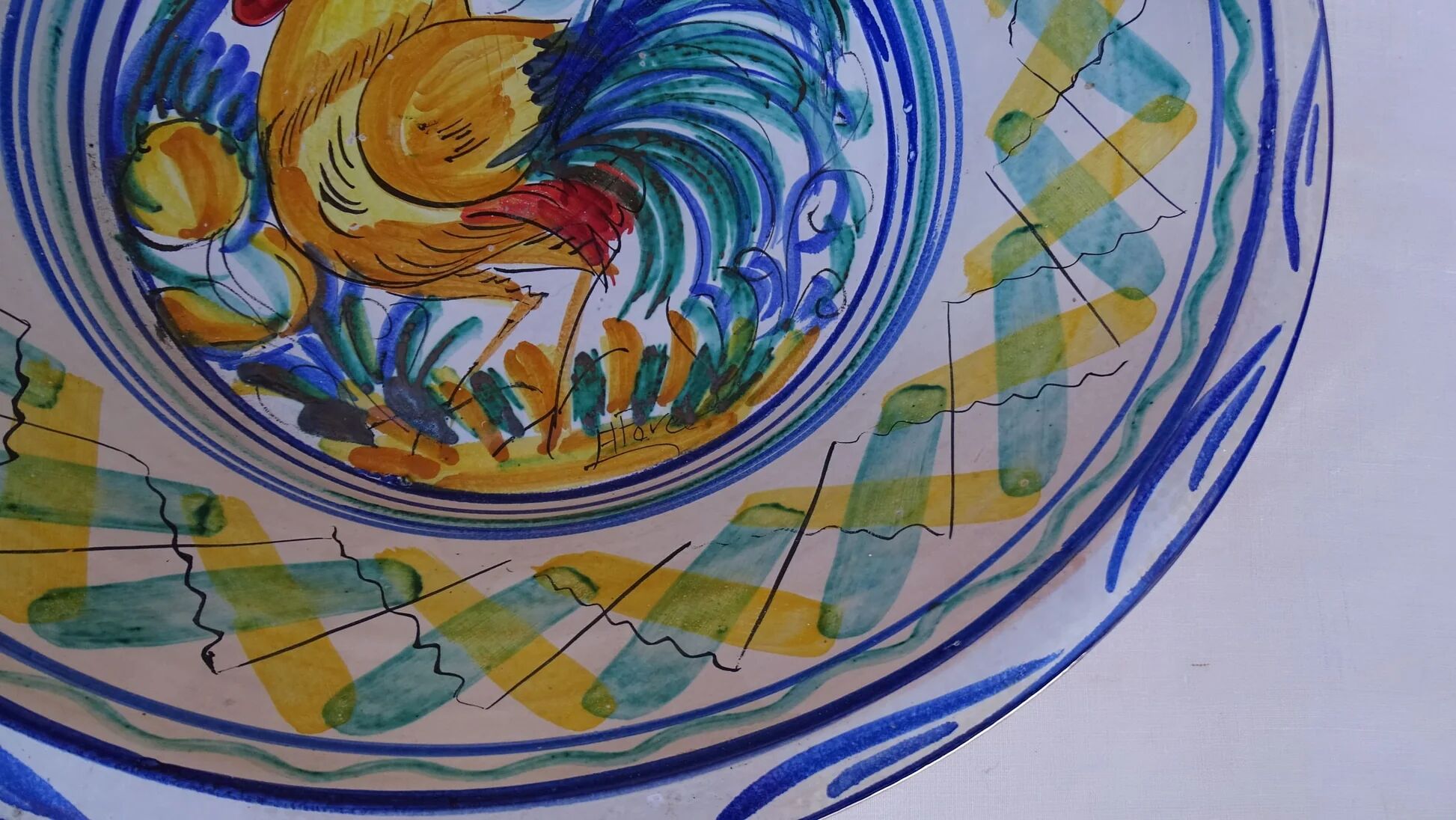 Grand lebrillo vintage en faïence espagnole Triana avec coq