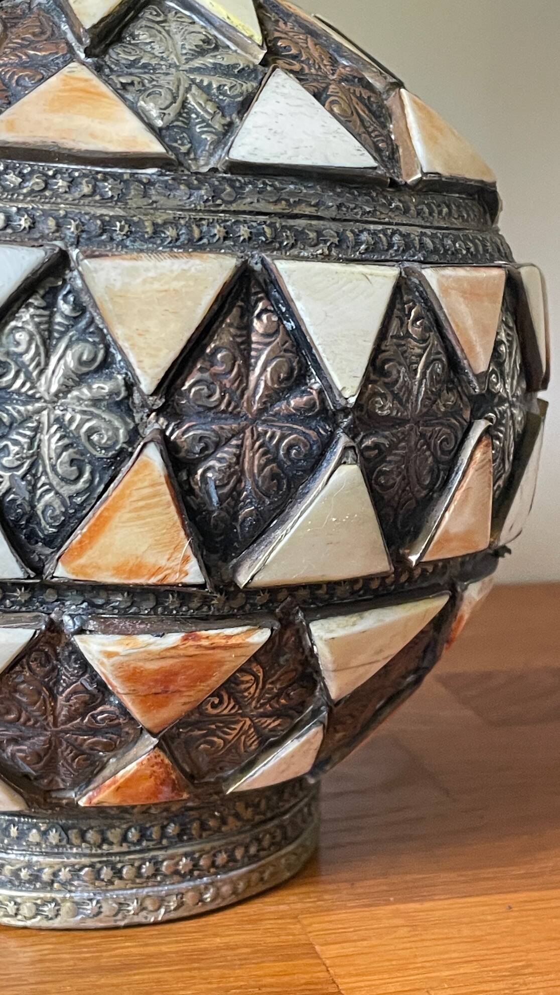 Vintage handcrafted lamp, pottery and silver-plated metal