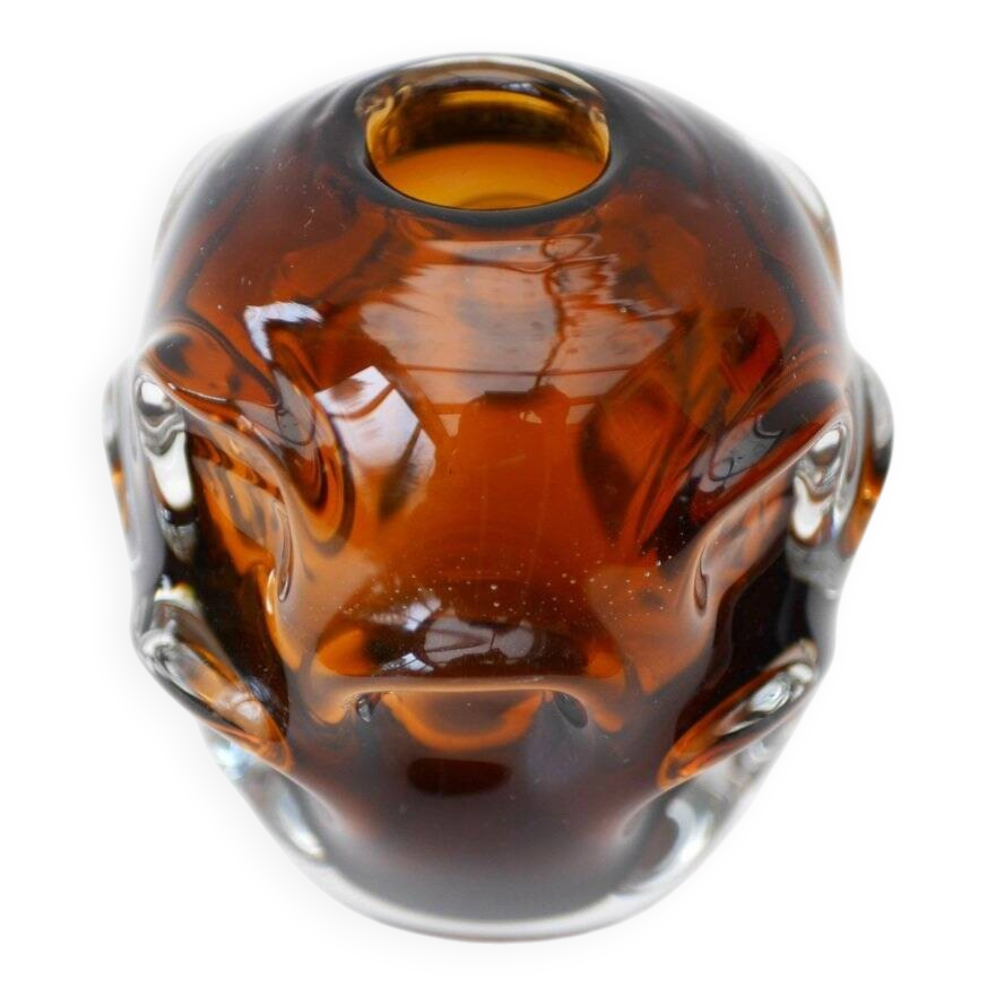 Mid-century modern biomorphic-shaped handmade crystal vase in amber and brown attributed to Börne Augustsson for Åseda, Sweden