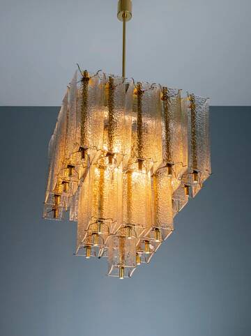 Chandelier in brass and structured ice glass, 1950s, Austria