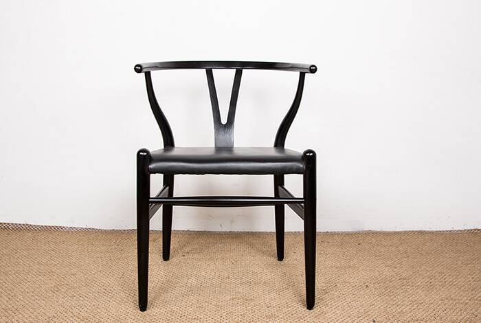 4 Danish chairs, black lacquered wood and leather, Wishbone model, Hans Wegner