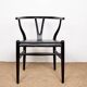 4 Danish chairs, black lacquered wood and leather, Wishbone model, Hans Wegner