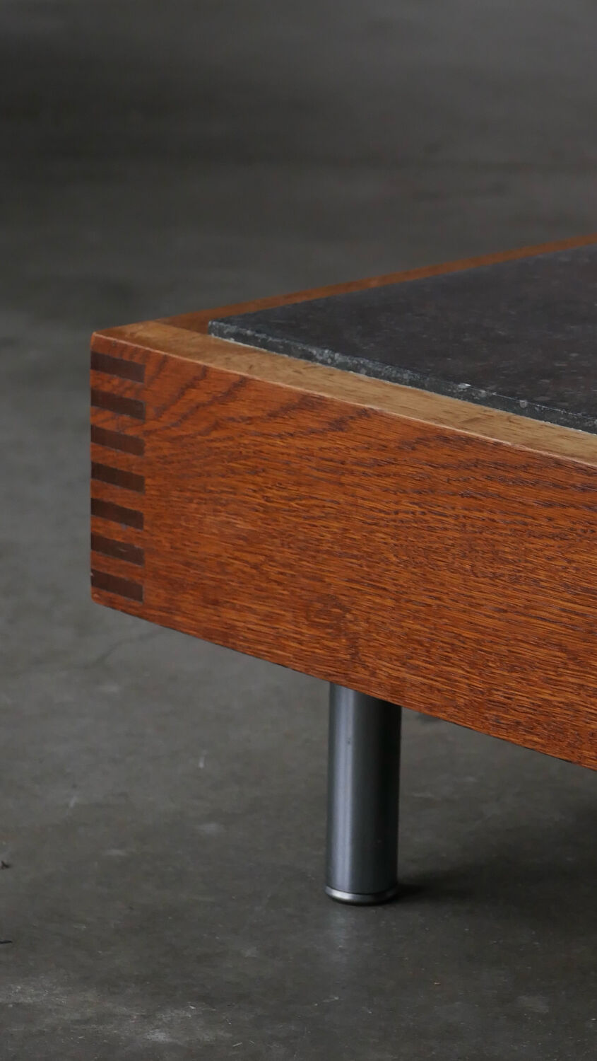 Belgian coffee table from the 80s, oak and blue stone from Belgium.