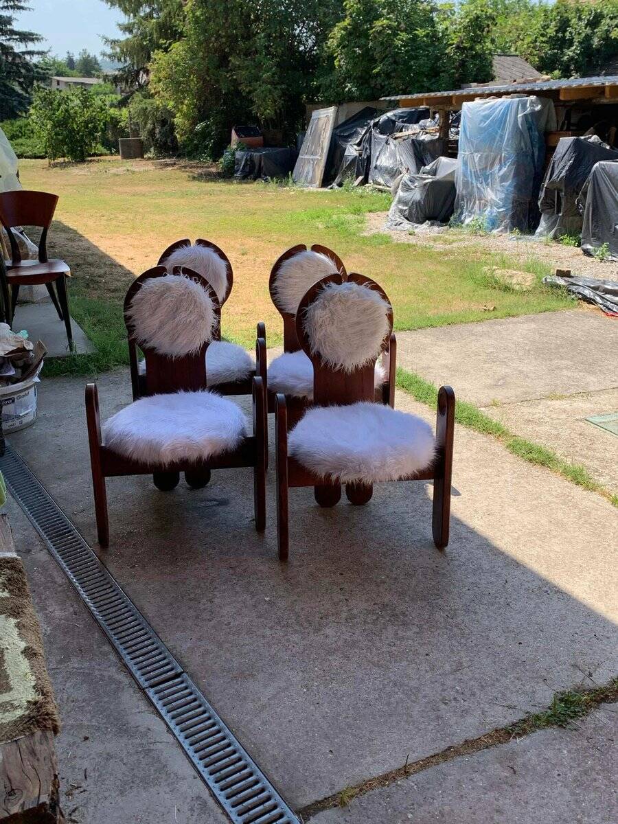 Set of 4 vintage dining chairs in brown pine and white fur by Szedleczky (1970s)