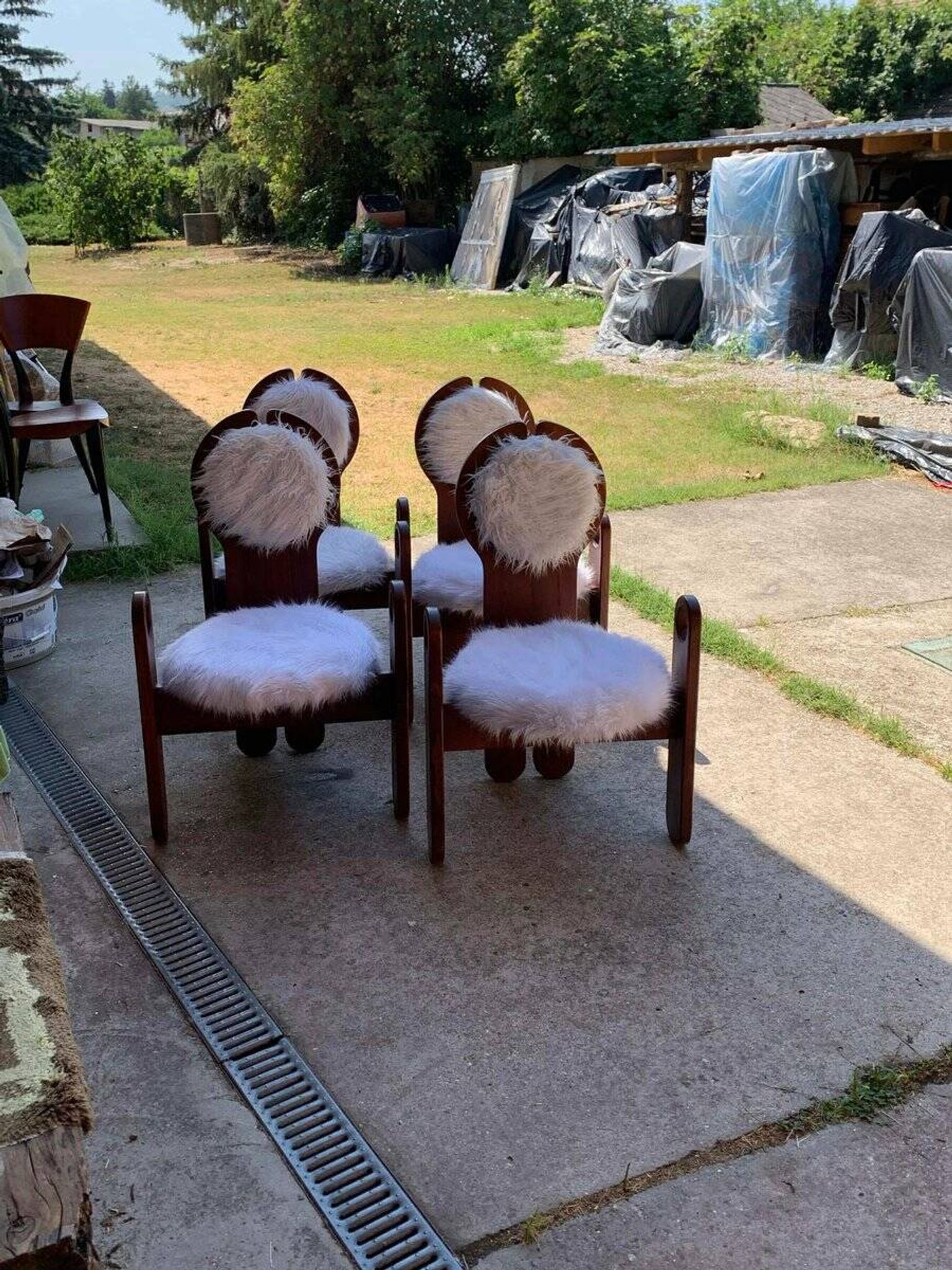 Set of 4 vintage dining chairs in brown pine and white fur by Szedleczky (1970s)